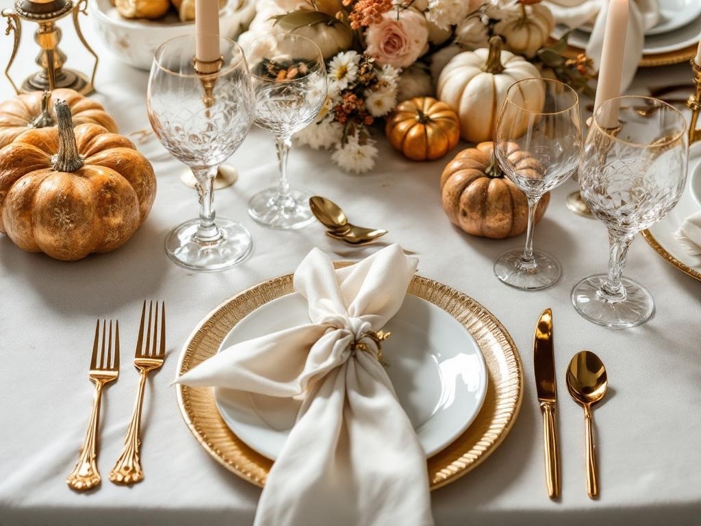Thanksgiving table setting with gold accents, pumpkins, and elegant glassware.