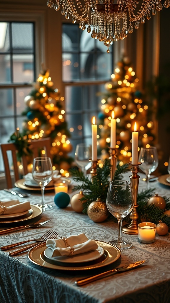 A beautifully set Christmas table featuring gold accents, elegant plates, and festive decorations.