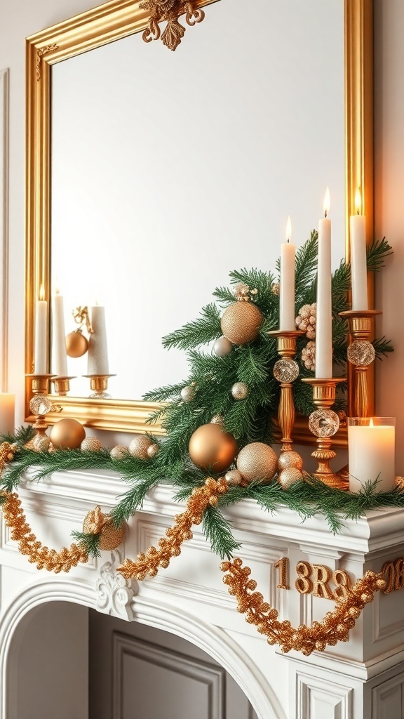 A beautifully decorated mantel with gold accents, candles, and greenery.