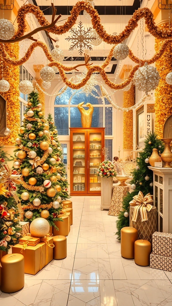 A beautifully decorated room for Christmas featuring gold and silver accents.