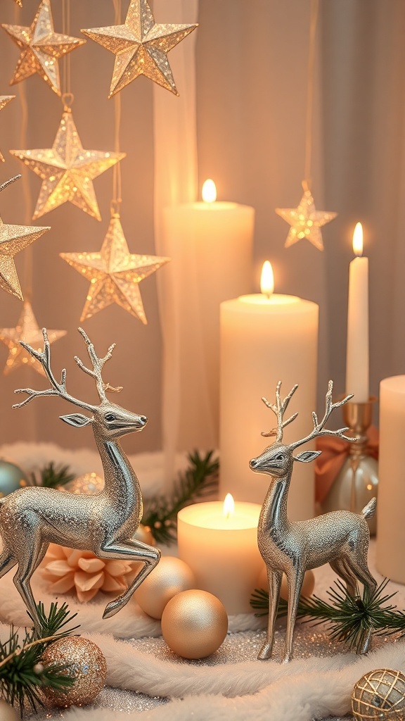 Glamorous Christmas decor featuring silver reindeer, candles, and sparkling stars.