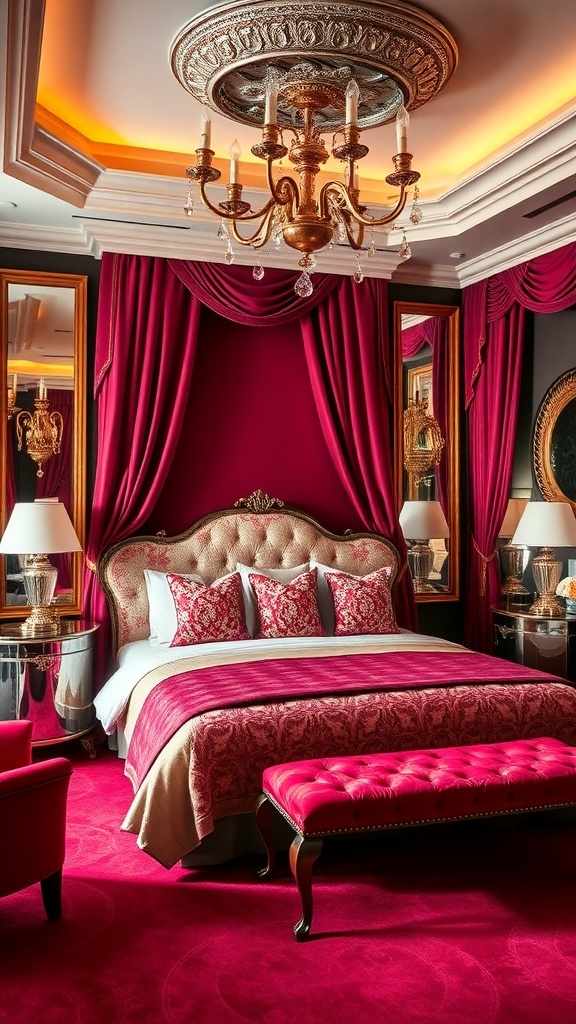 A luxurious bedroom with red decor, a plush bed, ornate chandelier, and elegant curtains.