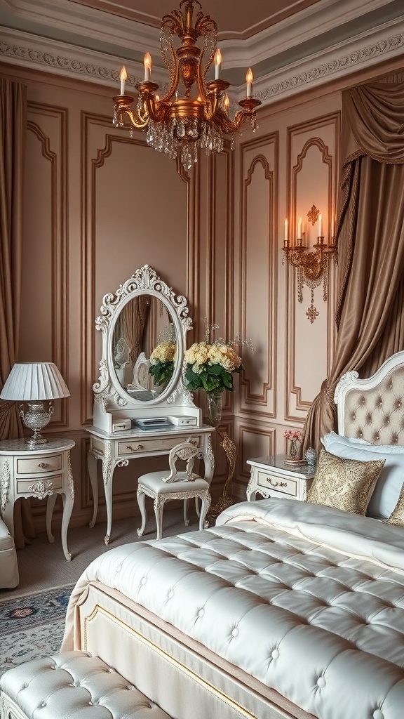 A glamorous bedroom with a chandelier, plush bed, and elegant decor.