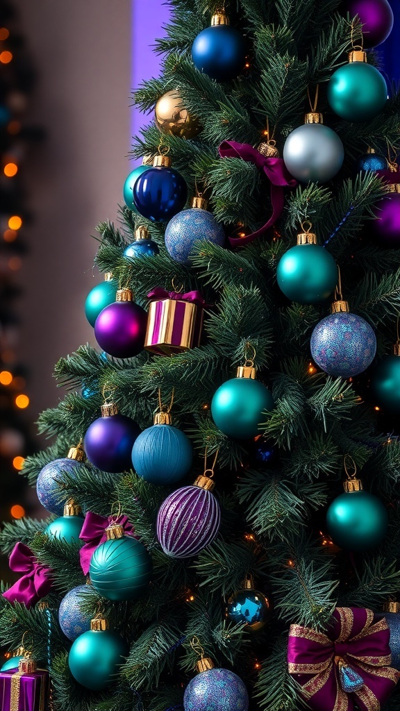 A Christmas tree decorated with jewel tone ornaments in emerald green, deep blue, and royal purple, accented with gold.