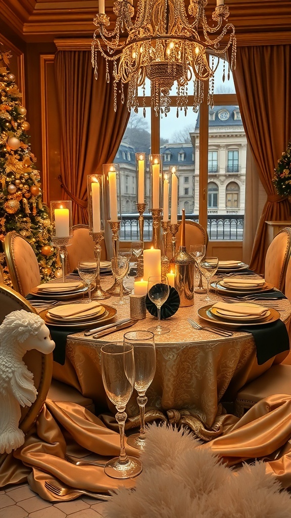 A beautifully set Christmas dinner table with golden accents, elegant glassware, and a chandelier, creating a warm festive atmosphere.