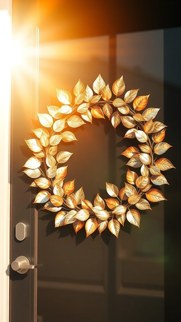 A glamorous metallic leaf wreath with golden leaves hanging on a front door, illuminated by sunlight.