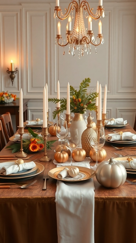 A beautifully set Thanksgiving table featuring golden accents, elegant candlesticks, and decorative pumpkins.