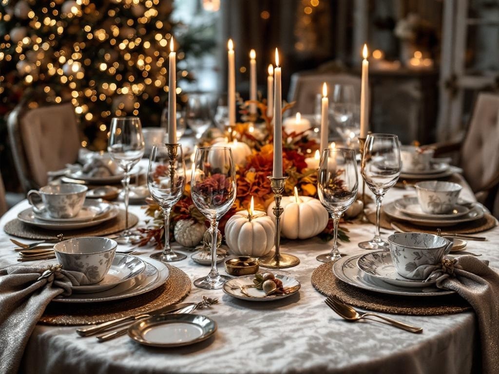 A beautifully set Thanksgiving table with silver accents, candles, and seasonal decorations.