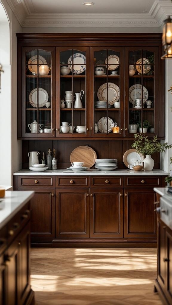 A kitchen with glass-front cabinets displaying plates and decorative items.