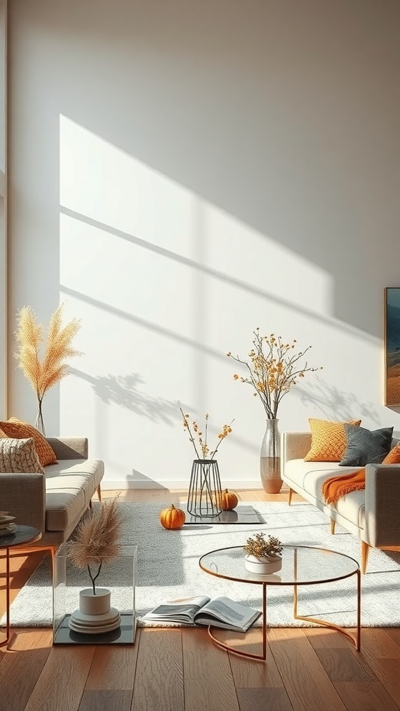 A minimalist living room decorated for fall with glass and metal accents, featuring pumpkins and warm-toned cushions.