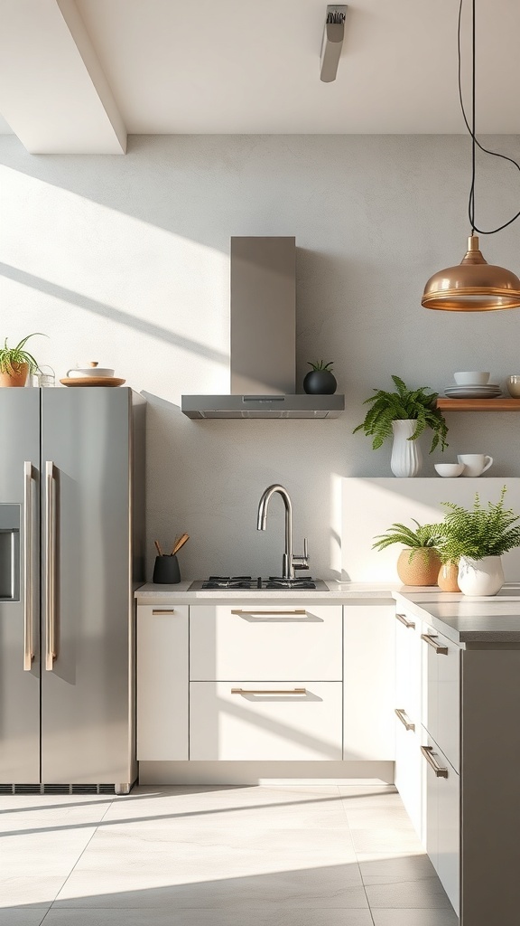 A modern kitchen featuring glass and metal elements, with a stainless steel refrigerator, metal accents, and plants.