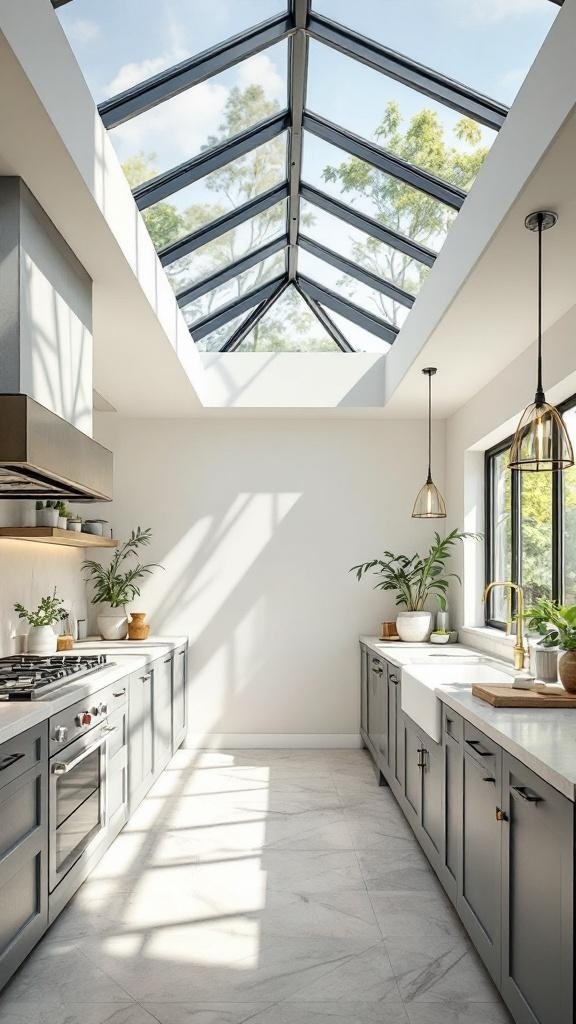 Modern kitchen with a glass ceiling, showcasing natural light and greenery.