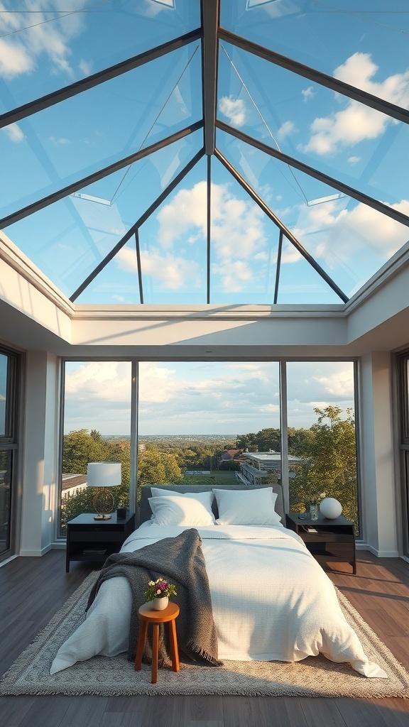 A modern bedroom featuring a glass ceiling, allowing natural light and outdoor views.