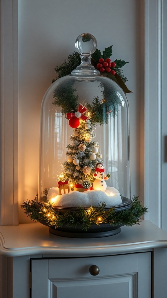 A glass cloche containing a mini Christmas tree, lights, and a snowman, surrounded by greenery.