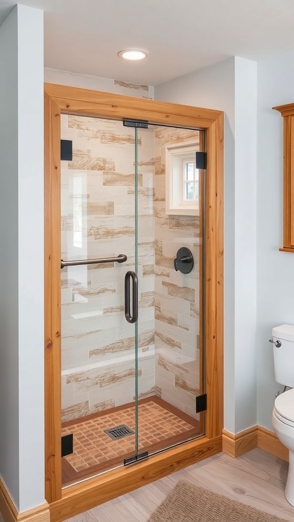 A rustic walk-in shower featuring a glass enclosure with wood trim.