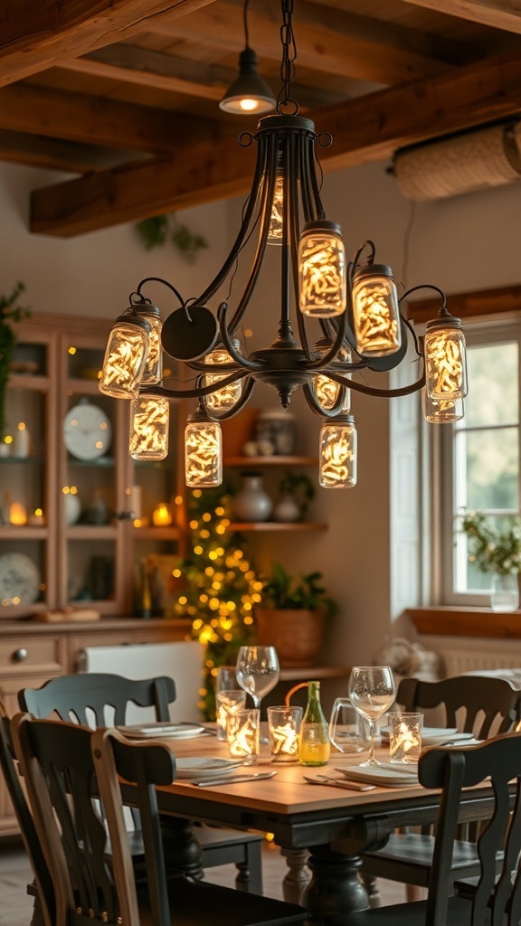 A rustic glass jar chandelier hanging above a dining table, surrounded by warm lighting and a cozy atmosphere.