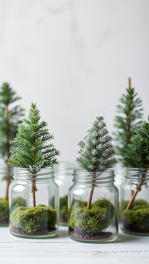 Glass jar terrariums with small evergreen trees and moss