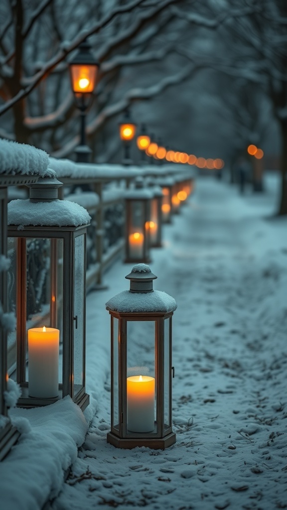 Glass lanterns with candles glowing in a snowy landscape