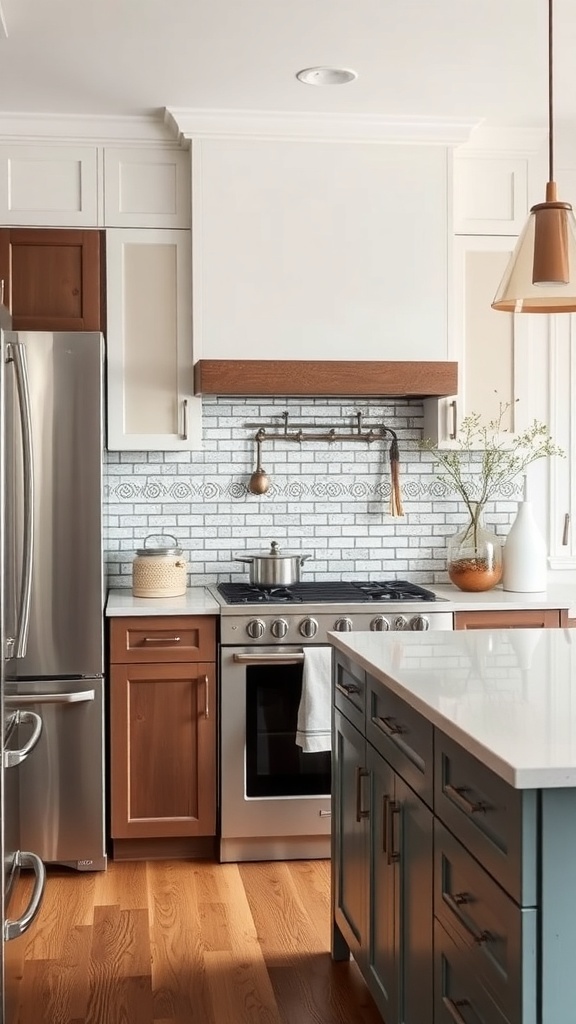 A modern farmhouse kitchen featuring a glass mosaic backsplash with a blend of colors.