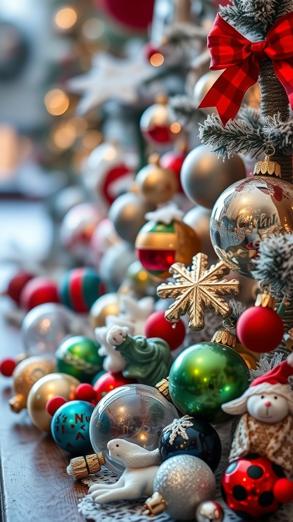 A collection of colorful glass ornaments and baubles, including various shapes and designs, arranged beautifully.