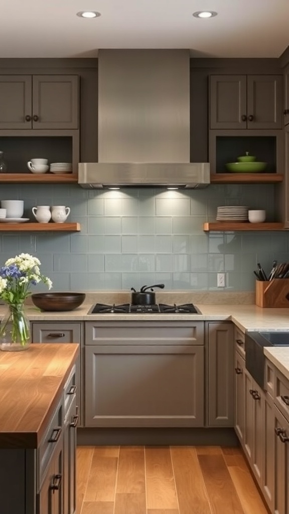 Modern farmhouse kitchen with glass panel backsplash and wooden accents