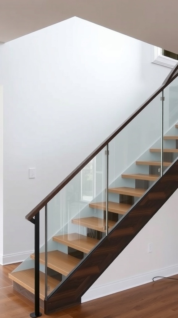 Modern farmhouse staircase with glass panels and wooden steps