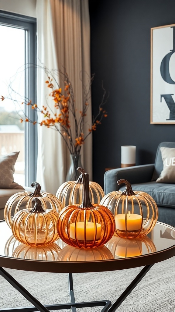 A collection of glass pumpkins on a coffee table with a modern decor background.