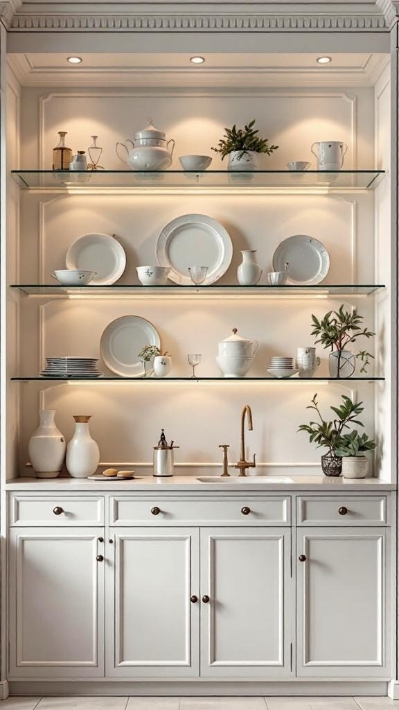 A stylish kitchen with glass shelves displaying white dishware and plants, illuminated by soft lighting.