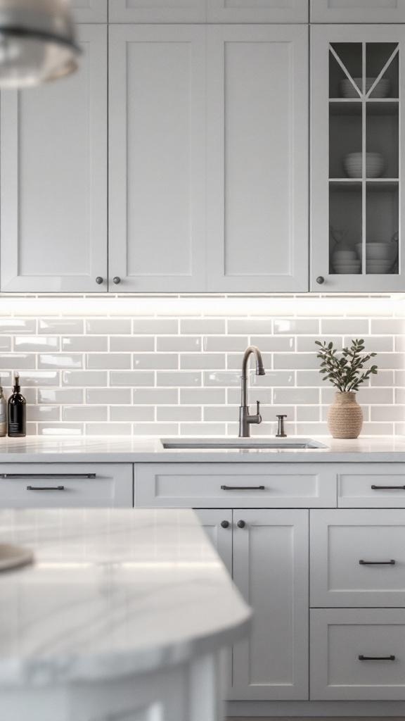 A modern white kitchen with glass subway tiles as the backsplash, featuring white cabinetry and a marble countertop.