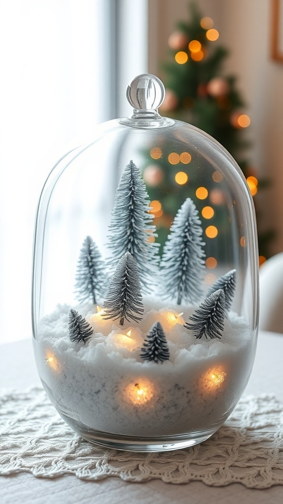 Glass terrarium with snowy landscape and miniature trees