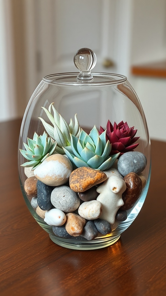 A glass terrarium containing various succulents and decorative stones.