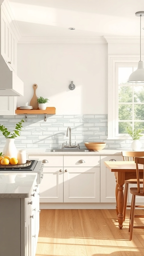 Bright farmhouse kitchen with glass tile backsplash