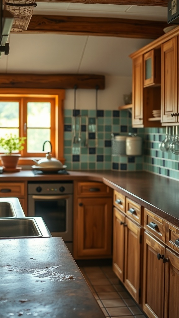 Rustic farmhouse kitchen with glass tile backsplash and wooden cabinets