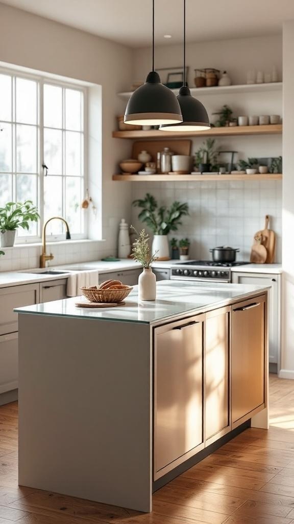 A modern kitchen with a glass top island, wooden flooring, and stylish pendant lights.