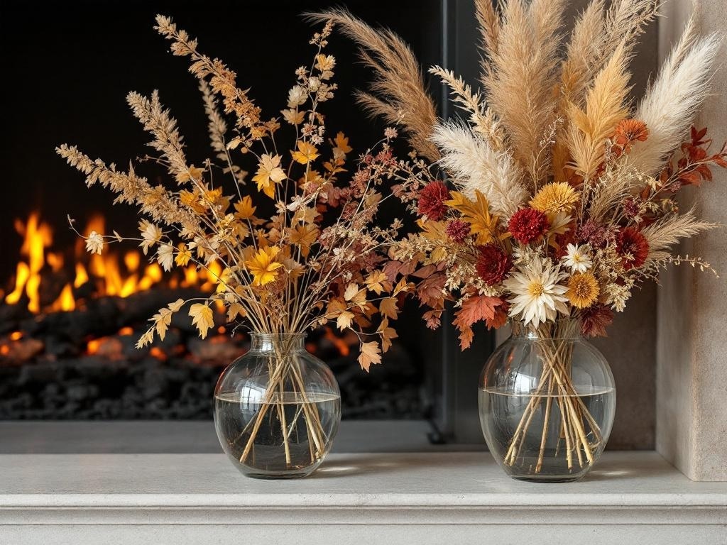 Two glass vases filled with dried flowers in warm autumn colors, placed on a fireplace mantel with a glowing fire in the background.
