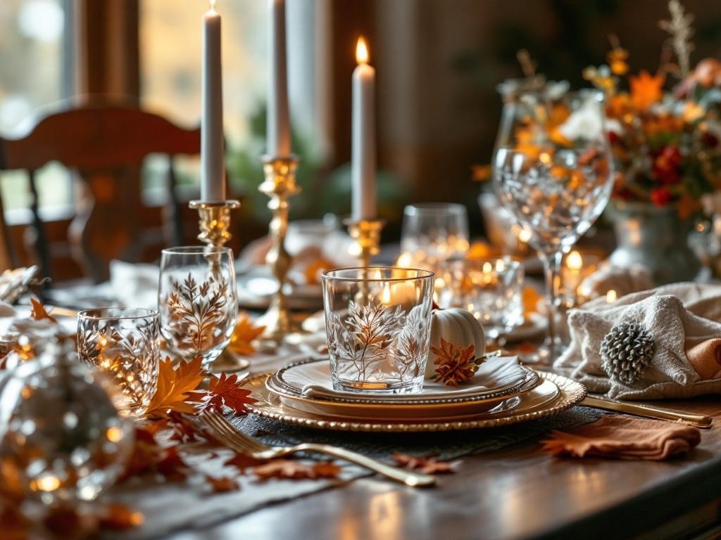 Thanksgiving table setting with glassware featuring seasonal patterns, candles, and autumn decorations.