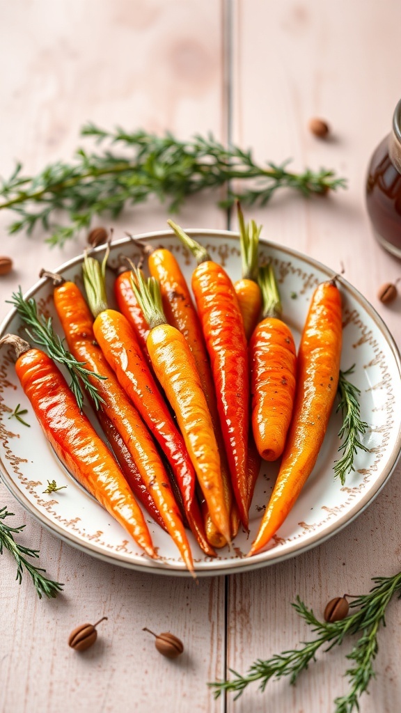 A plate of glazed carrots with herbs on a wooden table
