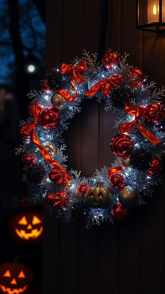 A Halloween wreath decorated with red and gold ornaments, ribbons, and lights, hanging near glowing carved pumpkins.