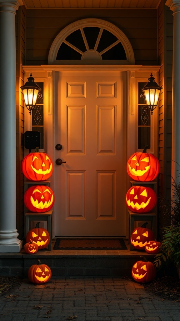 A front door decorated with glowing jack-o'-lanterns, creating a festive Halloween atmosphere.