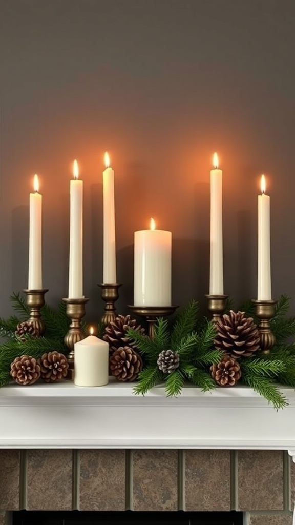 A beautiful arrangement of candles and pinecones on a mantel.