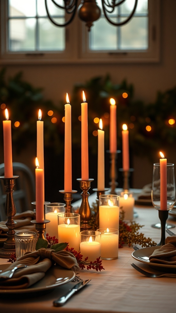 A beautifully set Thanksgiving table featuring tall candles in various heights, surrounded by greenery and berries.