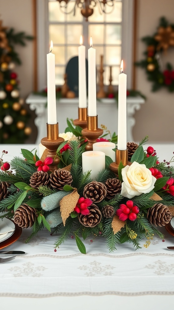 A beautiful Christmas centerpiece featuring candles, pinecones, and greenery.