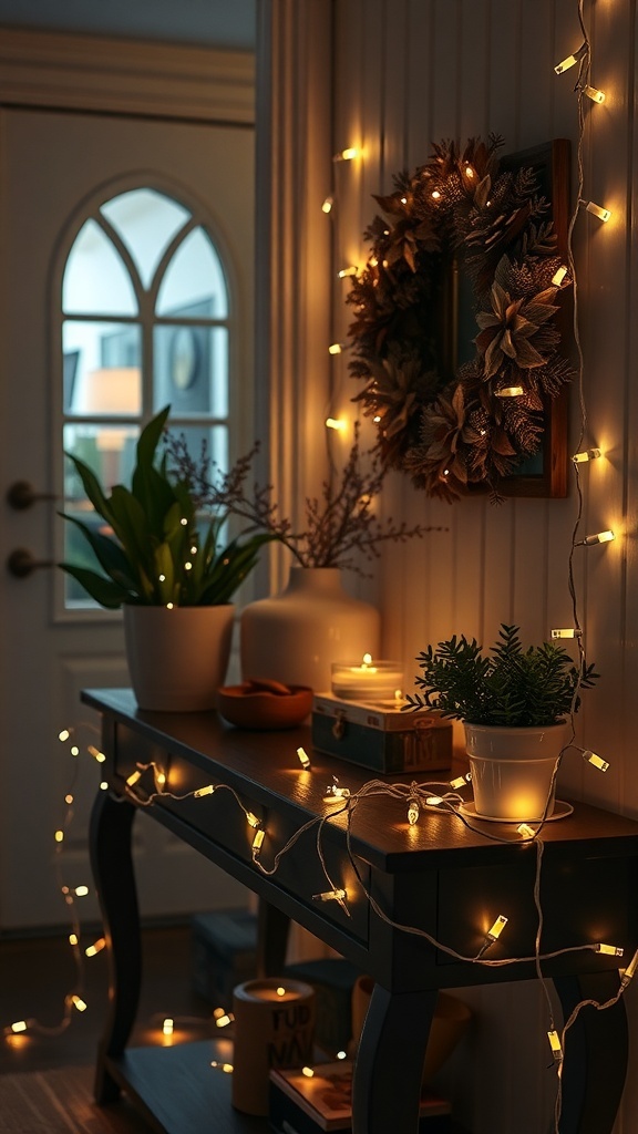 Entryway table decorated with fairy lights, plants, and candles for Christmas.