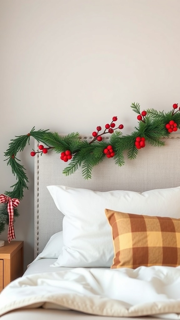 A garland with red berries and greenery draped over a bed headboard, with cozy pillows in a Christmas-themed bedroom.