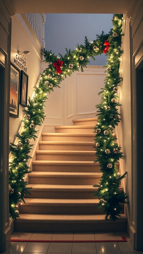 A beautifully decorated staircase with garland, lights, and ornaments for Christmas.