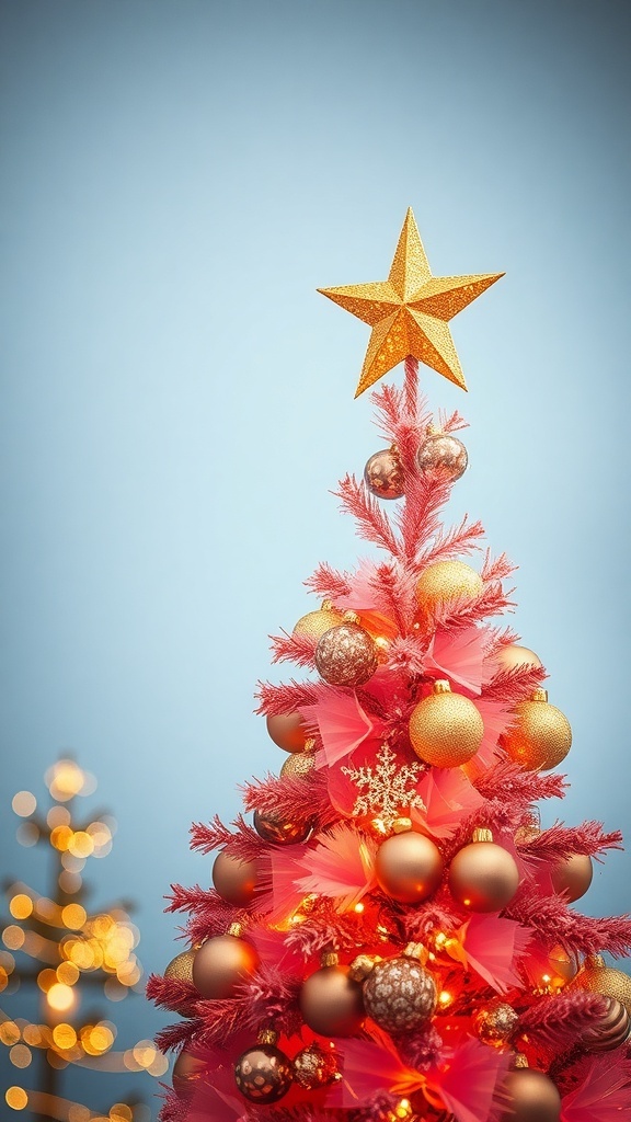 A pink and gold Christmas tree with a gold star topper.