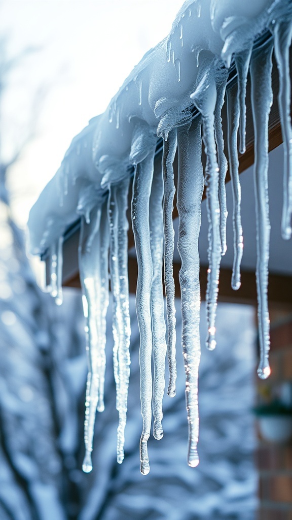 Icicles hanging from a roof, glistening in the winter light.