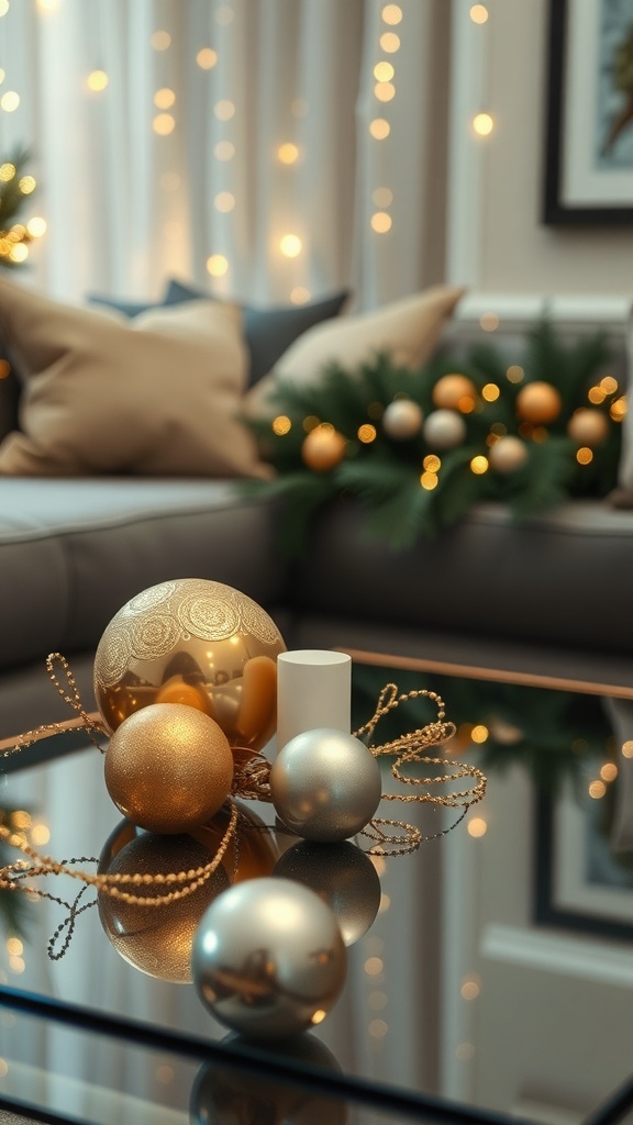 A coffee table decorated with gold and silver ornaments and a white candle, creating a festive holiday look.