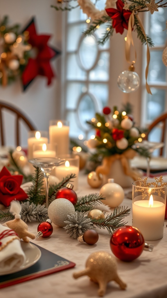 A beautifully decorated winter table with candles, ornaments, and greenery.