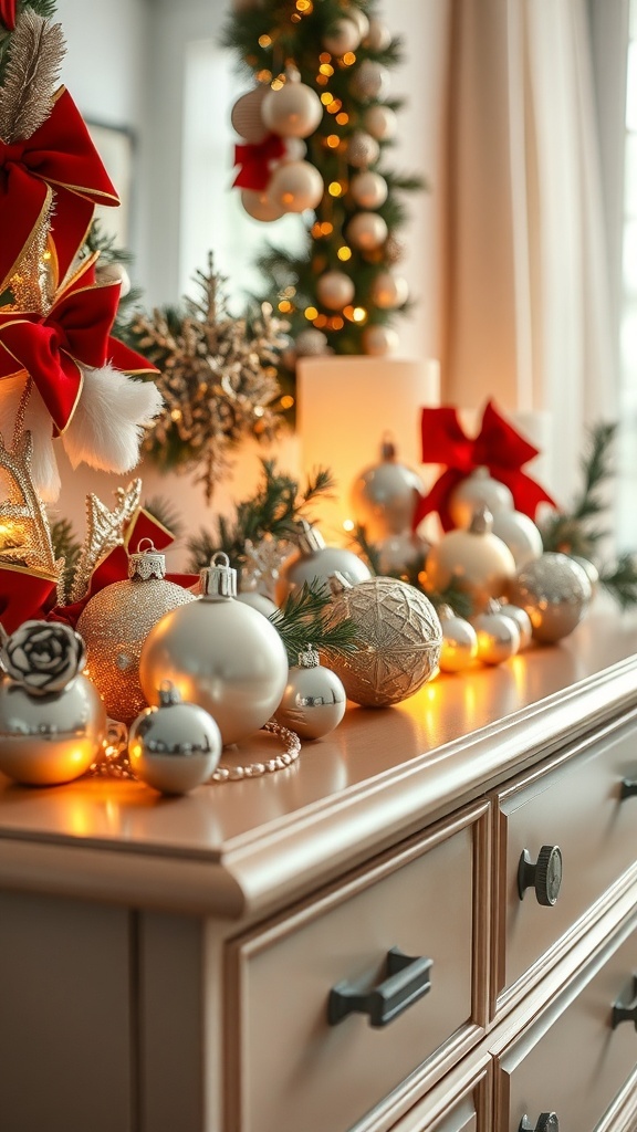 A beautifully arranged display of Christmas ornaments and lights on a dresser.